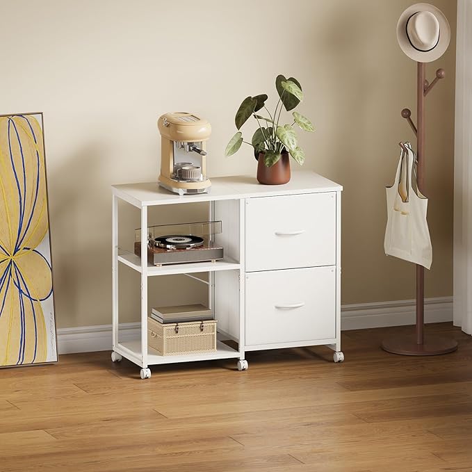2-Drawer Fabric Lateral File Cabinet with Wheels Rolling Printer Stand with Open Storage Shelf for Home Office White