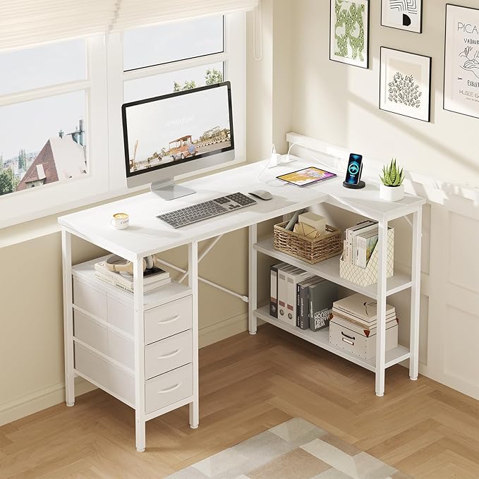 DUMOS L Shaped Desk with Shelf Drawers 47 Inch White Corner Computer Desks Gaming with Power Outlet Study Table with Adjustable Shelves Home Office Tables for Bedroom Teacher Reading Writing