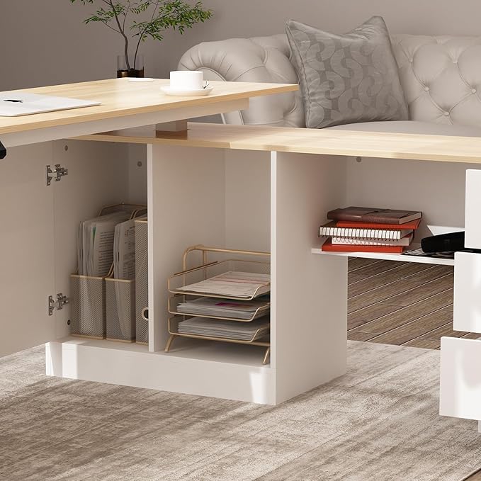Homsee Home Office L Shaped Electric Standing Desk with Drawers and Shelves Height Adjustable Stand up Desk 63 Computer Executive Corner Table Oak &amp White