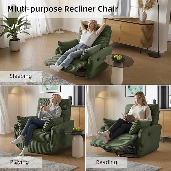 Swivel Recliner Chair for Adults Corduroy Nursery Glider Rocking Chair Armchair with 2 Pillows Comfy High Back Reclining for Small Spaces Nursery Bedroom Living Room (Corduroy Green 1 Pack)