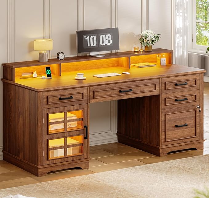 60'' Farmhouse Executive Desk with Drawers Home Office Desk with Power Outlet &amp LED Light Wood Computer Desk with Monitor Stand Locking File Drawer Glass Storage Cabinet Hooks