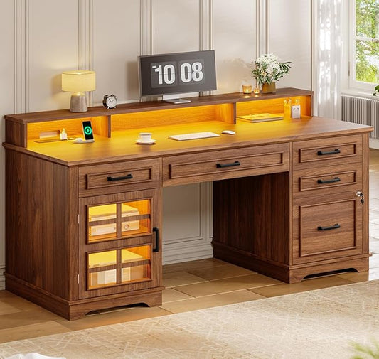 60'' Farmhouse Executive Desk with Drawers Home Office Desk with Power Outlet &amp LED Light Wood Computer Desk with Monitor Stand Locking File Drawer Glass Storage Cabinet Hooks