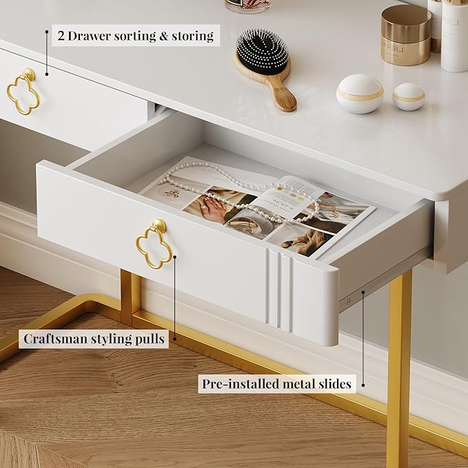 White Vanity Desk with 2 Drawers Gold and White DeskHome Office Desk Modern Makeup Vanity Table Entryway Console Table Sofa Table (Deluxe Leg)