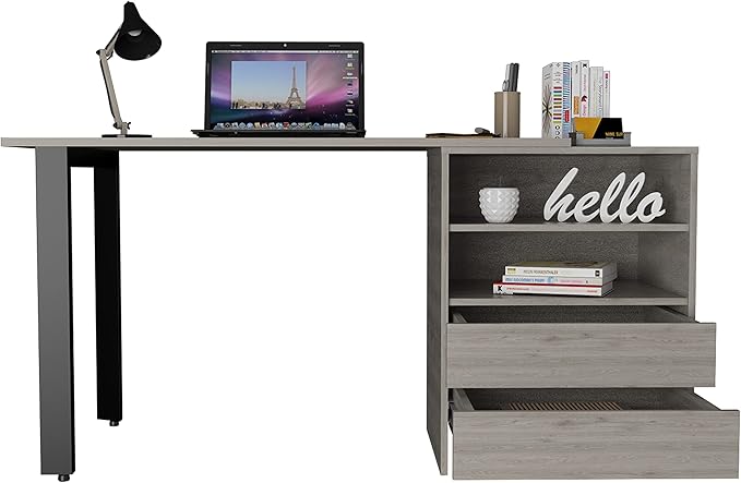Modern Writing Desk with Drawers 2 Shelves Metal Legs - Light Gray - Home Office Furniture
