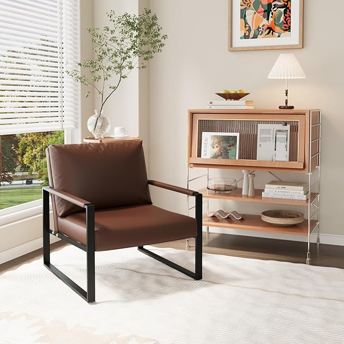 Recaceik Modern Accent Chair Set of 2 Arm Chairs Faux PU Leather Single Large Upholstered Sofa ChairErgonomic Lounge Living Room Chair for Bedroom Waiting Room Office Apartment Small SpaceBrown