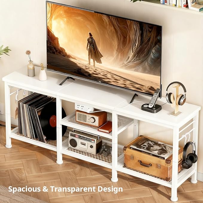 LUCKLIFE TV Stand with Charging Station for TVs up to 55 InchRustic Wood Entertainment Center with 3-Tier Storage ShelvesModern TV Media Console Table with 4 Hooks for Living RoomBedroom(White)