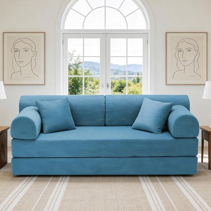 KEIKI 78 2Seat Sleeper Corduroy Sofa Couch for Beach House Small Space Family Friendly Homeowners Warm Inviting Comfy Supportive Rest Space Elegant Premium Premium Design Azure
