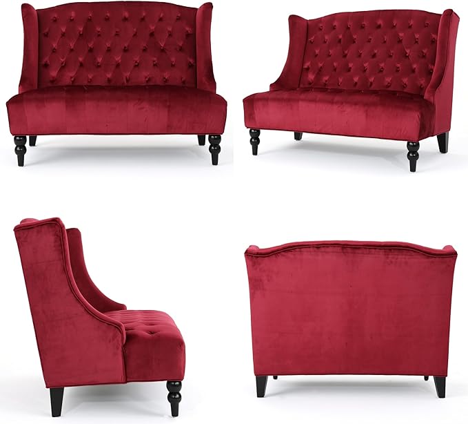 Modern Tufted Velvet Wingback Loveseat Tufted Velvet 2 Seat Couch Sofas with High Back Thick Padded Cushioned Seats for Living Room Victorian Style Wine red