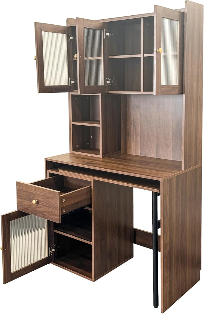LUMISOL L Shaped Computer Desk with 90 Degree Rotating Desktop Home Office Desk with Hutch &amp Bookshelf Multi-Functional Woking Table with Storage Drawers for Study Room Office Living Room Walnu