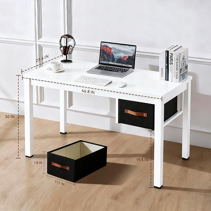 White Computer Desk with Drawer 47 Inch Home Office Work Desks Modern Writing Study PC Desk Gaming Table for Small Place Bedroom Thickened Tabletop and Stable Metal Frame Leg Support