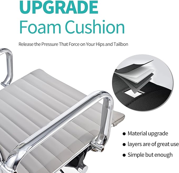 Mid Back Support with Arm Rest Office Ergonomic Adjustable Swivel Vegan Leather Desk Receptionist Chairs -Grey