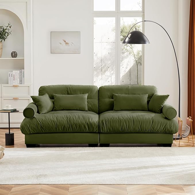 Velvet Loveseat Sofa93.7 W Oversized Fluffy Tufted 2-Seat Cloud Couch with 25.6 Seat DepthComfy Modern Deep Seat Sofa with Bolster Armrest PillowsGreen