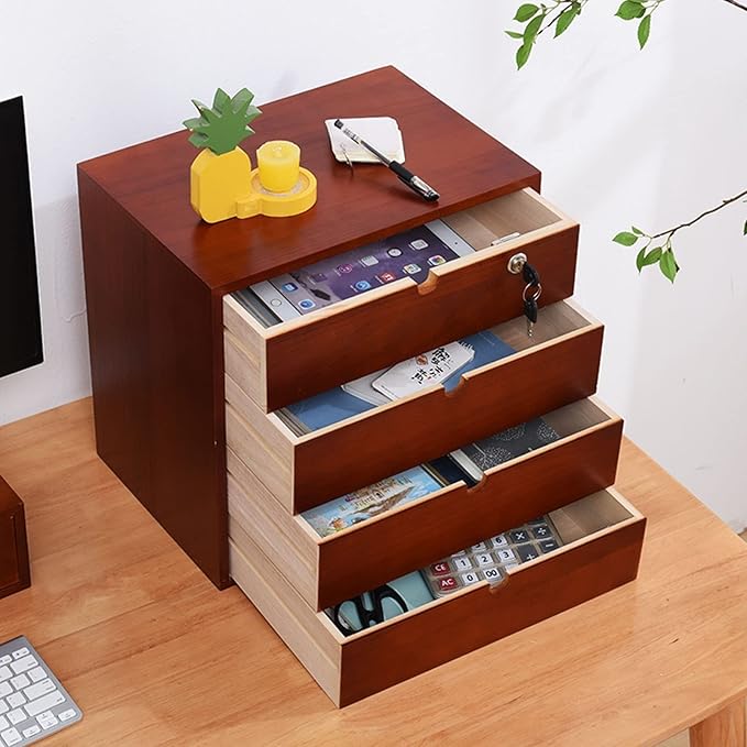 Desktop File Cabinet - Solid Wood Storage Box - Desktop Organizer Locking Dresser Filing Cabinet Office &amp Home School Desk Drawers Organizer and Accessories Desk Organizers with Lock