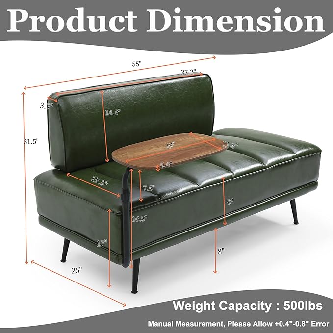 Anwick 55 PU Leather Small Sofa Loveseat Couch with Side Table Modern Upholstered Bed End Bench with Back for Bedroom Living Room Office Entryway (Green)