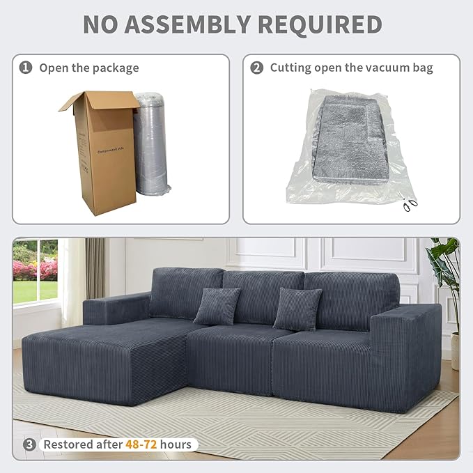 3 Pieces Boneless Couches for Living Room L-Shape Chaise Cloud Couch Modular Sectional Deep Seat 111 Compressed Couches for Living Room Bedroom Plush Corduroy Fabric No Assembly Required Dark Grey