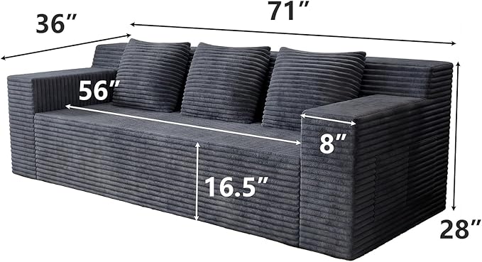 71 Corduroy Living Room Sofa 3 Setaser Deep Seat Couch with 3 Lumbar Pillows Comfy Boneless Sofa Modern Compressed Couch for Bedroom Office Apartment No Assembly Flat Armrests (Dark Grey)