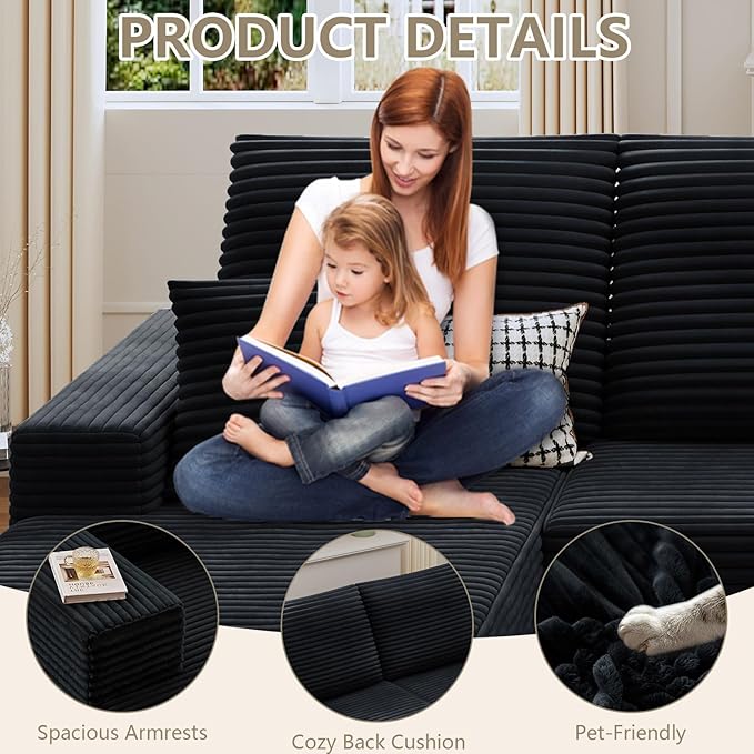 135 Modular Sectional Sofa Modern Corduroy L Shaped Cloud Couch with Chaise Lounge Boneless Upholstered Couches with Deep Seat for Living Room No Assembly Required (Black Left Facing Chaise)