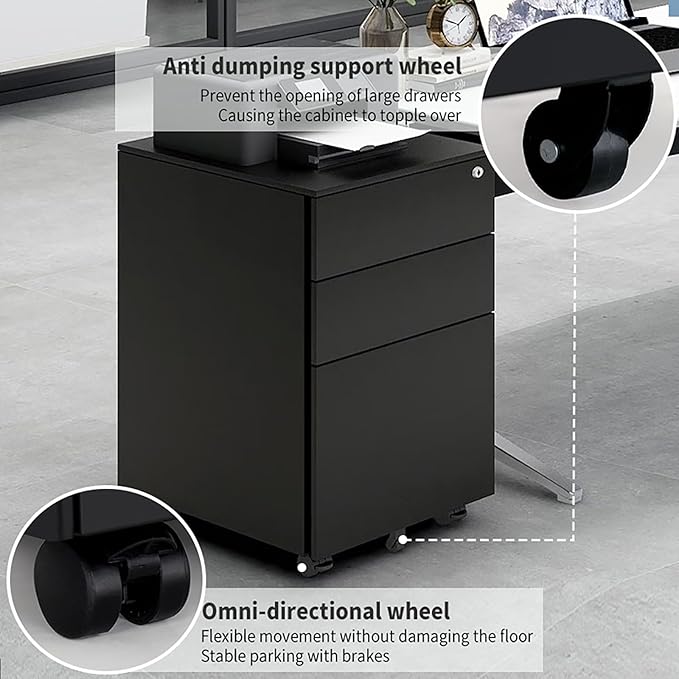 3 Drawer File Cabinet with Wheels Metal Filing Cabinets for Home Office with Lock Under Desk Drawer Organizer Fully Assembled Fits Letter A4 Standard Sizes (Black 23.6*11.8*20.5)