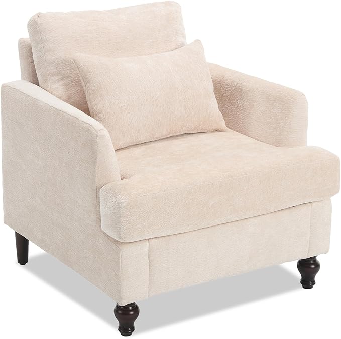 Mid Century Modern Accent Armchair for Living Room Chenille Fabric Single Sofa Chairs with Pillow Upholstered Cozy Side Reading Lounge Chair for Bedroom Club Office Apartment Beige