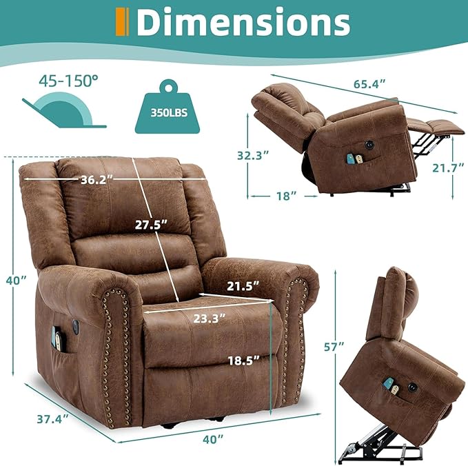 MEETWARM Large Power Lift Electric Recliner Chair with Massage and Heat Overstuffed Wide Recliner for Elderly Heavy Duty Recliner for Living Room with 2 Remote Controls/Side Pockets/USB Ports(Brown)