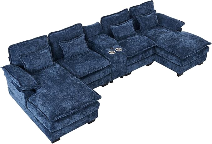 OUYESSIR U Shaped Cloud Sectional Couch 132 Fluffy Modular Sofa Set with Double Chaise Lounge Central Console &amp USB Port Comfy Chenille Big Sectional Couches for Living Room Dark Blue