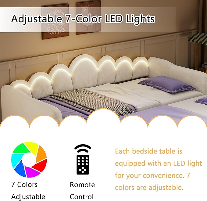 Bellemave Twin XL Size Upholstered Velvet Daybed with Trundle &amp Adjustable 7-Color LED Lights Trundle Can be Flat or Erected Space-Saving Guest Bed No Box Spring NeededWhite