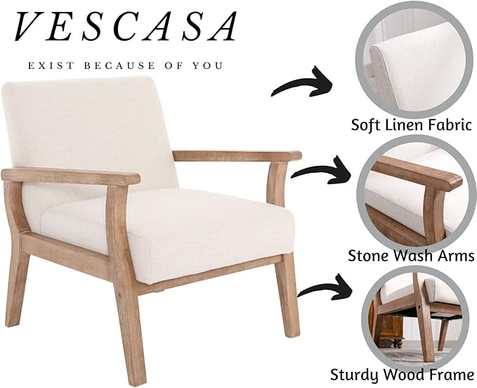 VESCASA 23.2 W Accent Chairs Set of 2 with Arms Farmhouse Side Chairs with Upholstered Seat Mid Century Modern Reading Chairs with White Wash Wood Legs for Living Room/Bedroom White Linen