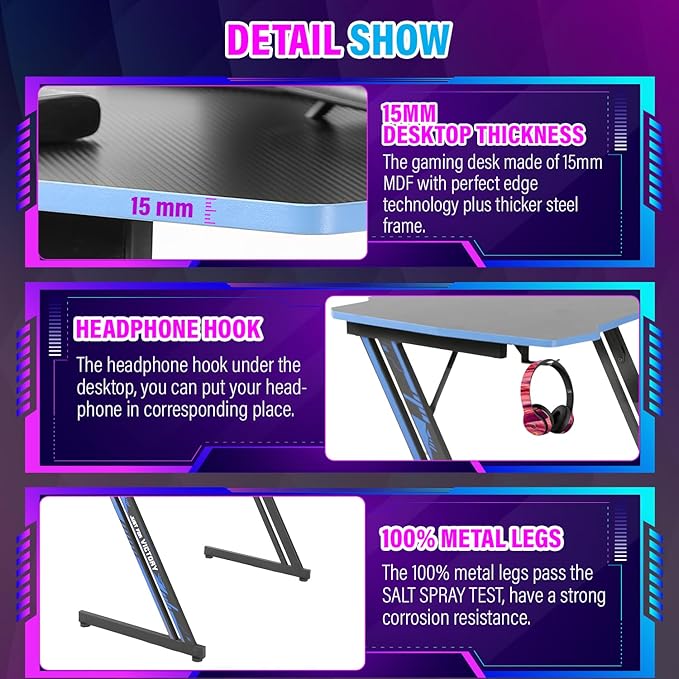 PayLessHere | 47 Gaming Table | Blue | Z-Shaped Computer Desk with Steel Frame Headphone Hook Adjustable Feet | Carbon Fiber Texture Surface Sweat &amp Waterproof | for Gaming Home Office