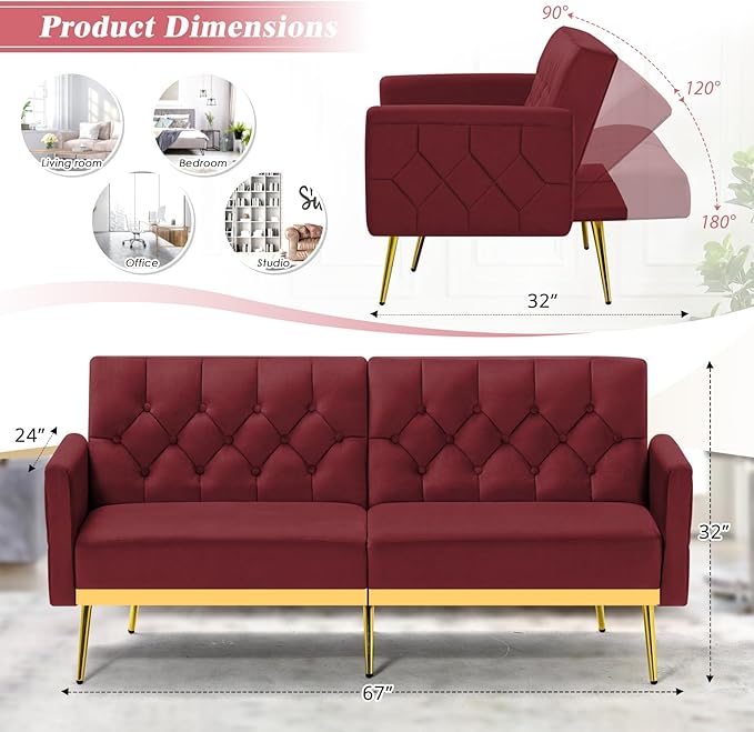 Velvet Sofa Bed w/Adjustable Armrests &amp Backrests Modern Convertible Sleeper Sofa Tufted Futon Sofa for Bedroom Living Room Apartment Red