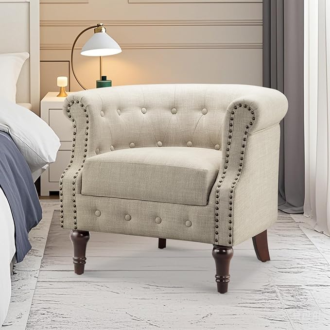 Comfy Fabric Barrel Chair Armchair with Soft Padded Classical Club Chair with Thicken Cushion Upholstered Tub Chair Reading Chair for Living Room Bedroom Waiting Room Office Beige