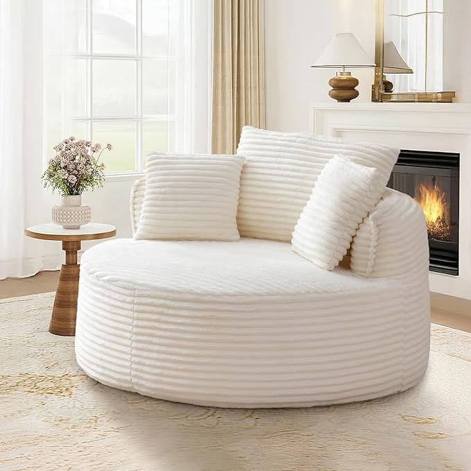 53W Oversized Round Chaise Longue Chair IndoorCorduroy Fluffy Comfy Cloud ChairCircle Bean Bag Sofa with Foam Filling &amp PillowsBoneless Reading Cozy Sofa Chairs for Living RoomBedroomWhite