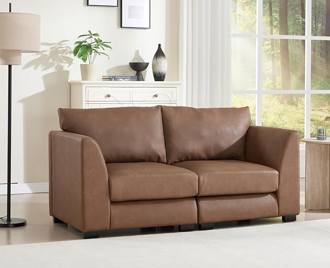 CIMOTA 60 Cloud Couch Modular Loveseat Sofa Faux Leather 2-Seater Couches with Deep Seats &amp Wood Frame Modern Sectional Sofa for Small Spaces/Apartment/Office PU Brown