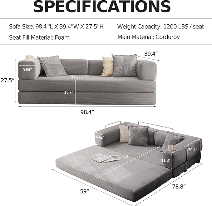 98.4'' Boneless Sleeper Sofa BedConvertible Futon Couch with Storage Pocket and 2 PillowsModular Corduroy Sofa for livingroomSmall speaceGray