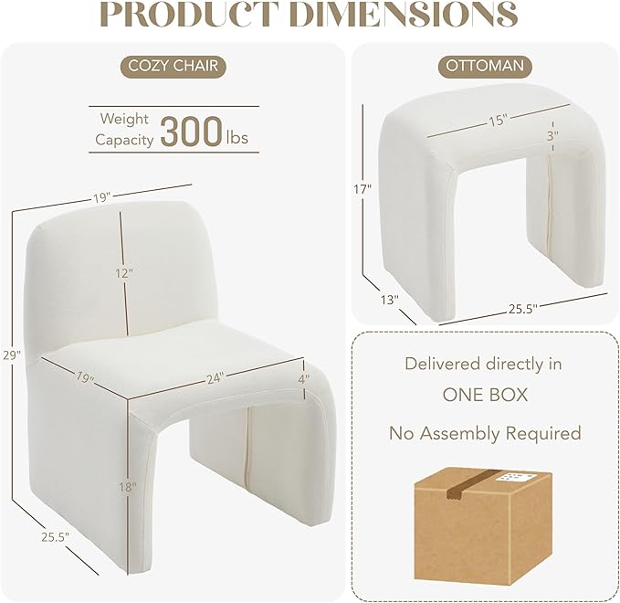 Accent Reading Chair with Ottoman Chenille Upholstered Comfy Armless Accent Chair with Footrest Modern Side Lounger for Living Room Bedroom White