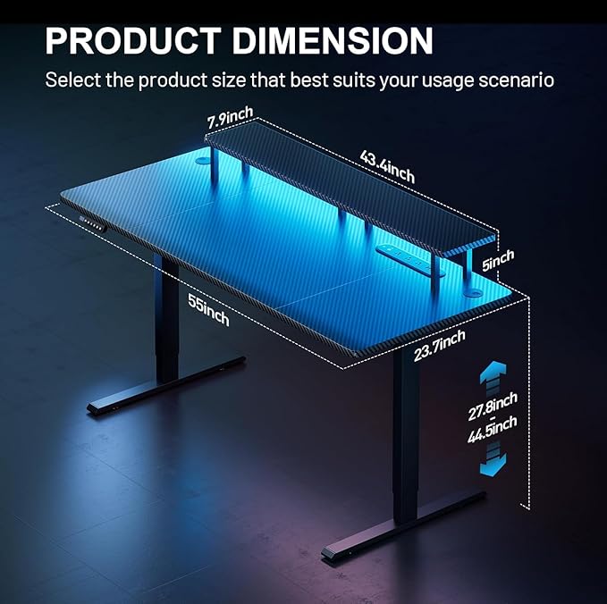 HLDIRECT Electric Standing Gaming Desk with LED Lights 55 Inch Height Adjustable Gaming Table Sit Stand Computer Workstation with Power Outlet &amp Monitor Stand Rising Desk for Home Bedroom Blac