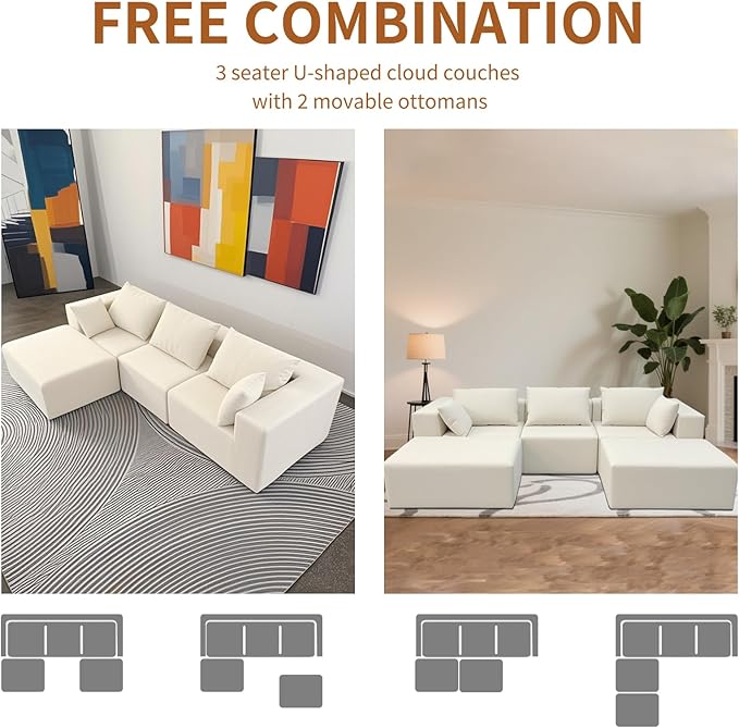 Modern Modular Sectional Sofa 110 Inch Comfy 3 Seater U-Shaped Cloud Couch with 2 Movable Ottomans Chenille Boneless Sofa Couch with Deep Seat for Living RoomNo Assembly RequiredWhite