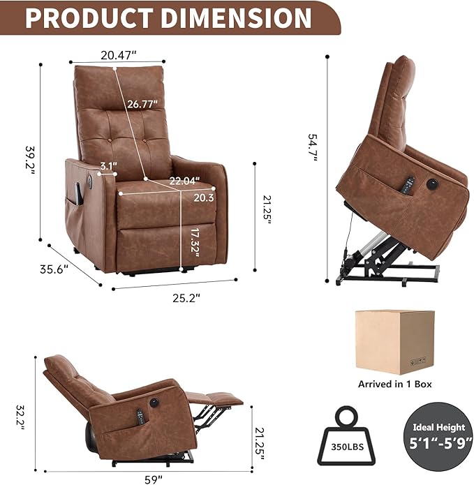 Small Power Lift Chair Recliner for Elderly Petite Power Recliner Chair with Massage and Heat | USB | High Back | Push Button | Side Pockets Liviing Room Easy Assembly (PU Leather Light Brown)
