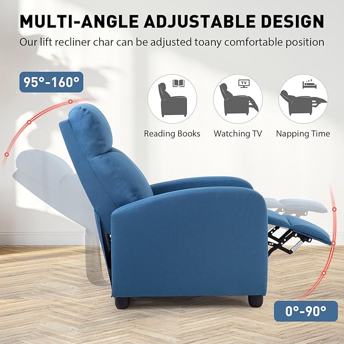 PayLessHere Recliner Chair Single Reclining Sofa Home Theater Seating with Lumbar Support and Padded Backrest for Living Room and Bedroom (Fabric Blue)