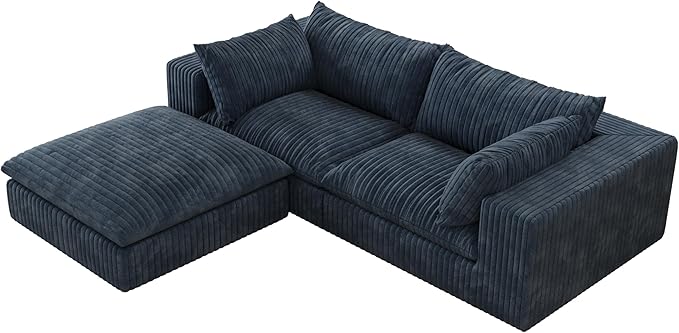 Boneless Corduroy Modular Couch with Ottoman 78.8 Comfy Cloud Couch for Small Spaces Deep Seat &amp Memory Foam No Assembly Required Compression Couches for Small Spaces(Blue) | Fluffy Throw Pi