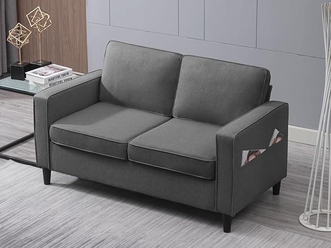 54.7 Loveseat Sofa for Small Spaces 2 Seat Modern Fabric Love Seat Mini Couch With Armrest Pockets Living Room Furniture Dark Grey