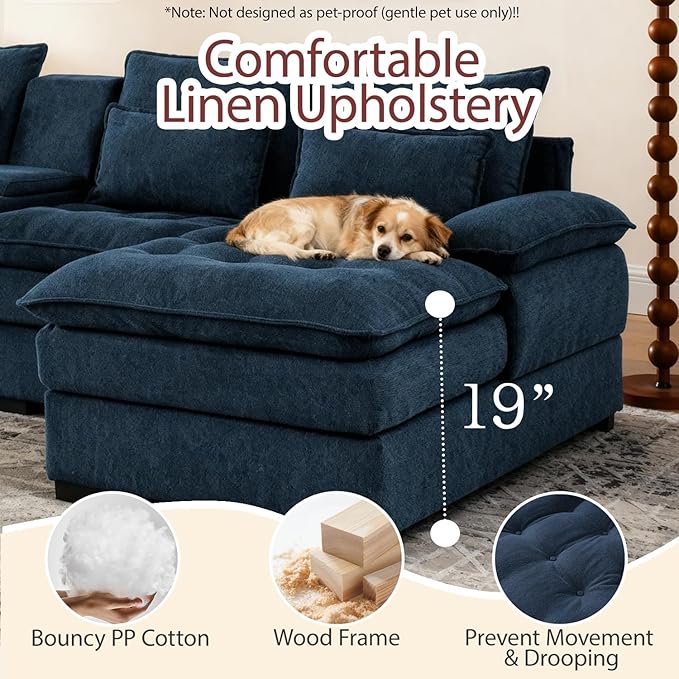 130 U-Shaped Modular Sectional Sofa Oversized Cloud Couches with Storage Console &amp Cup Holders Linen Sofa with Chaise/Pillows 6-Seater Deep Seat Couches for Living Room (Blue) | Breathable mat