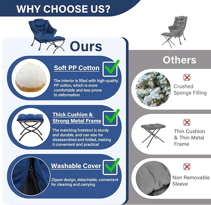 Lazy Chair with Ottoman Modern Accent Chair Sofa Chair with Armrests Reading Chair and Folding Footstool for Living Room Bedroom Office Royal Blue