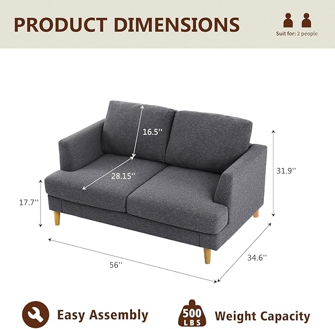 Loveseat Sofa 56 Small Couches for Small Spaces Mid Century Love Seat Couches for Living Room Upholstered 2-Seater Deep Couch for Bedroom Apartment Dark Grey