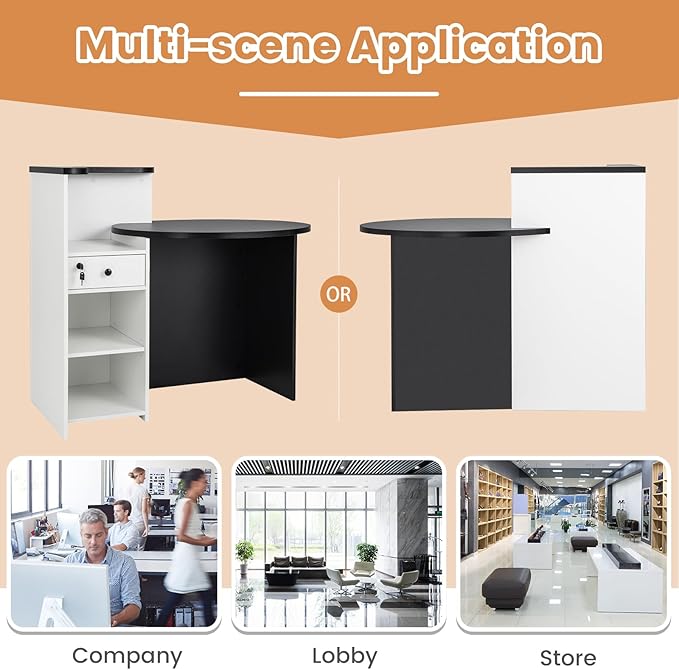 MAT EXPERT Reception Desk Front Desk with Open Shelves Lockable Drawer Round Tabletop Checkout Counter Retail Counter Computer Workstation for Office (White Cabinet &amp Black Desktop)