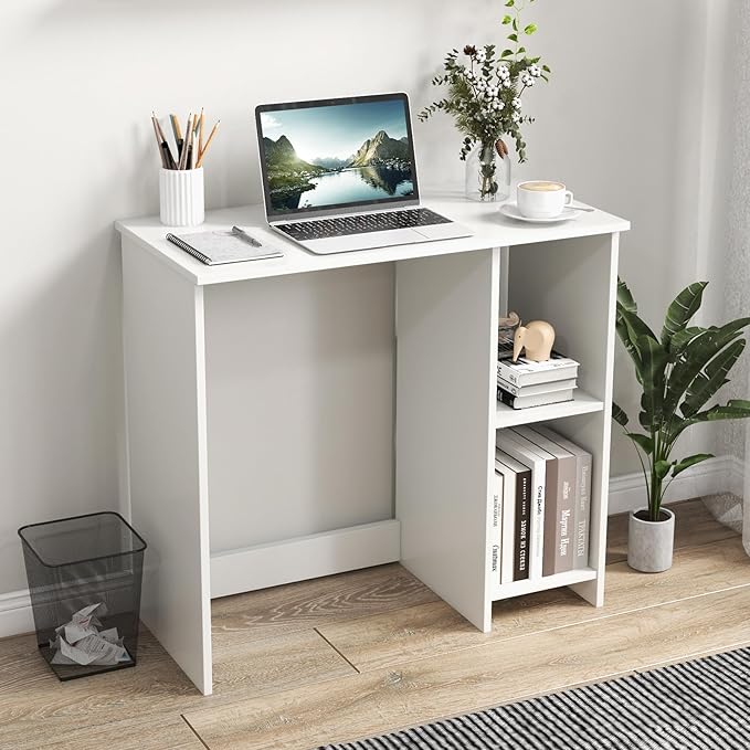31.5 Computer Desk with Storage White Modern Wooden Office Desk for Small Spaces 2-Tier Shelves Writing Workstation for Home Bedroom Study – Compact Gaming &amp Vanity Table