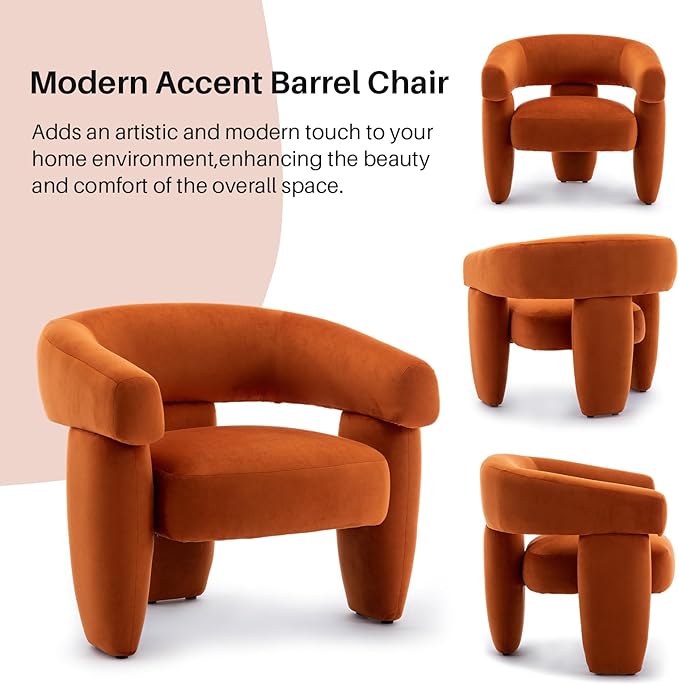 Mid Century Modern Accent Barrel Chair Comfy Upholstered Round Armchair with Montage Design Velvet Boucle Lounge Chair for Living Room Bedroom Apartment Orange