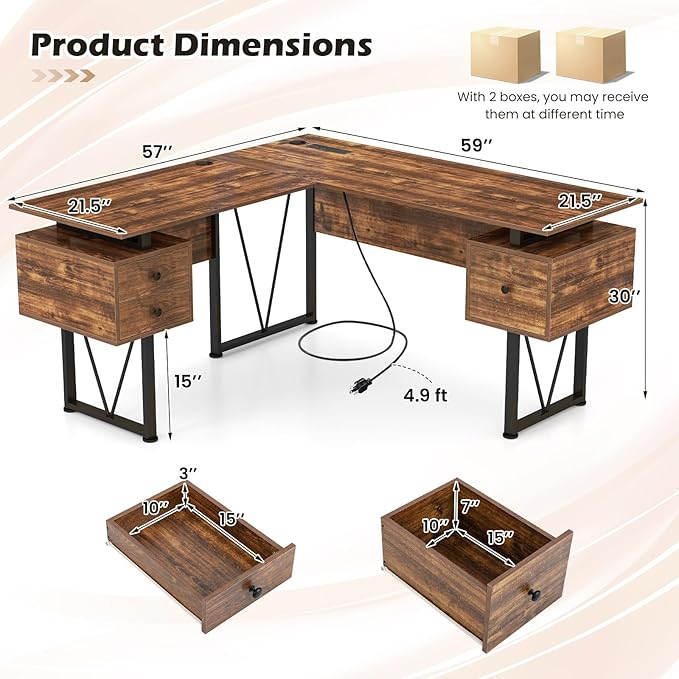 Tangkula 59 L-Shaped Office Desk with 3 Drawers &amp Charging Station Corner Computer Desk with Sturdy Metal Frame Industrial Home Office Computer Workstation for Working Studying (Rustic Brown)