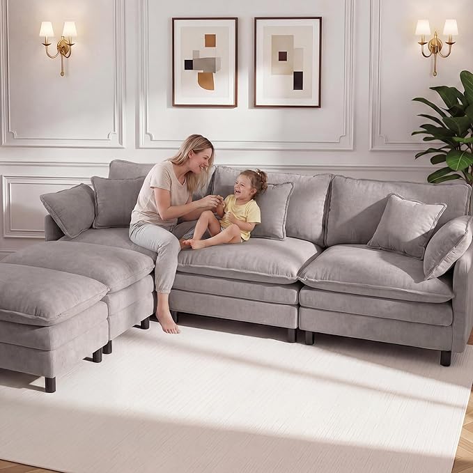 110 U-Shaped Modular Sectional Couch Modern Cloud Couch with Ottoman 5-Seat Chenille Sofa with Pillows Deep Seat Comfy Couch for Living Room Bedroom Light Grey