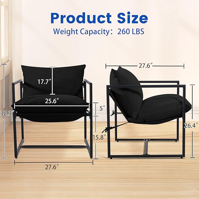 Kromax Sling Accent Chair Set of 2 Cozy Living Room Chairs Square Metal Frame Upholstered Soft Cushion Sponge 28 x28“x32 Easy Assembly Black