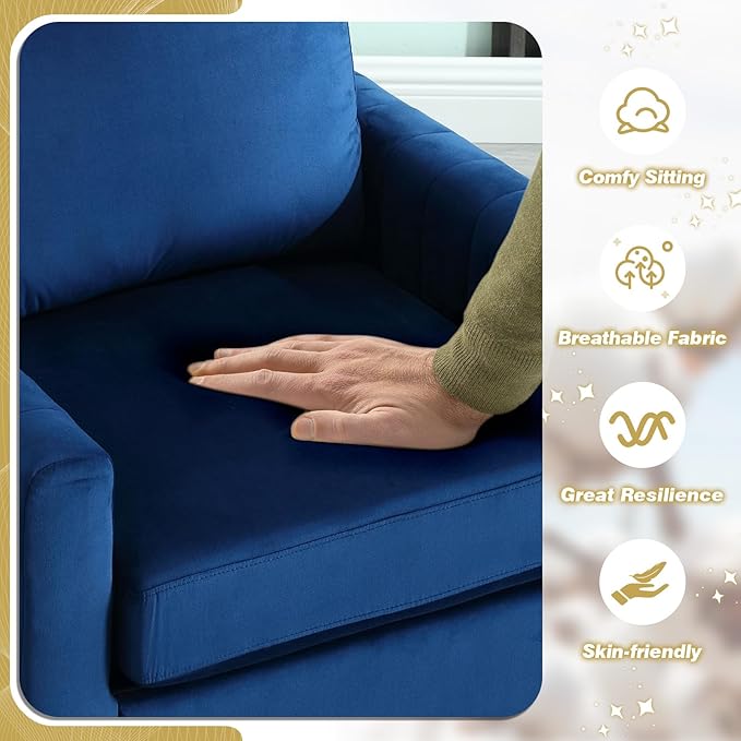 Modern Velvet Accent Chair Comfy Living Room Armchair with Thick Cushion Upholstered Reading Armchair Mid Century Sofa Chair with Gold Legs Side Chair for Living Room Bedroom Office Club Blue